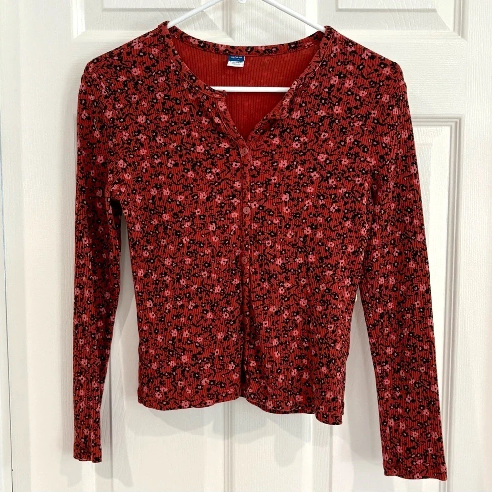 Old Navy Girl Fitted Ribbed Burgundy Black Floral Button-Up Top Sz XL 14/16